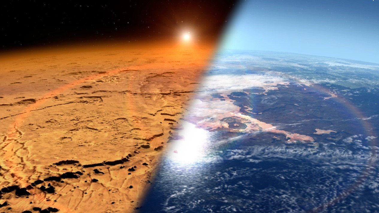 図1 現在の火星(左)と過去の火星(右)の表層環境の違いを表す想像図
(Credit: NASA’s Goddard Space Flight Center)